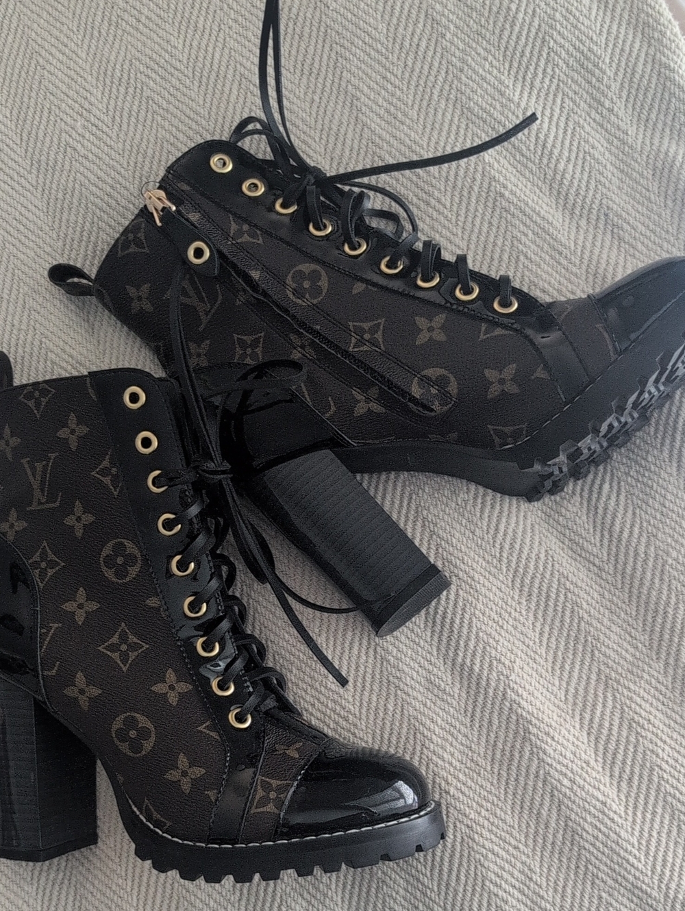 Black Monogram Lace-Up Block Heel Boots - LV